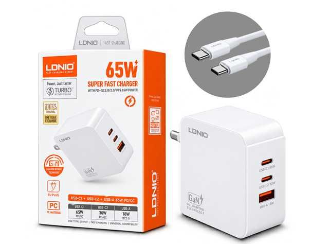 CARGADOR LDNIO 14 65W 2P PD + USB + CAB TC -TC QHITE ++